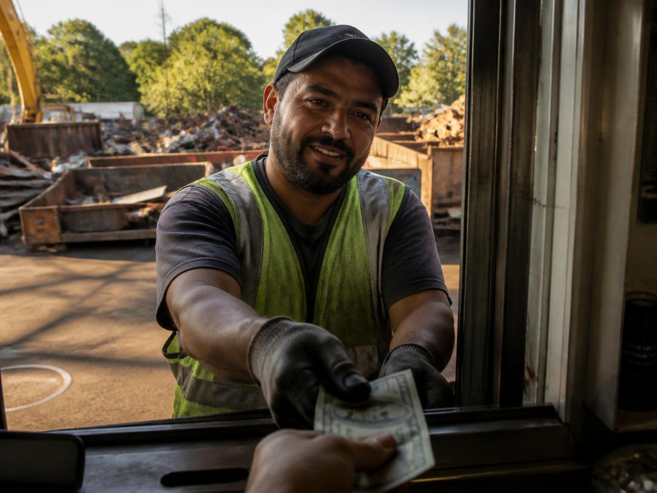 A yard worker handing cash through the scale house window